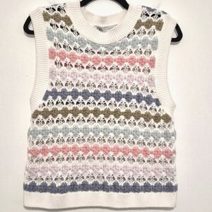 ZARA Bobble Stitch Crochet Sweater Vest L Pastel Cotton Open Knit Cottagecore